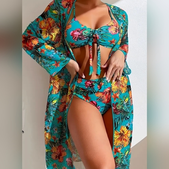 3 Piece Summer Western Beach Coquette Green Floral Print Swim Set M (#903) - Picture 3 of 6